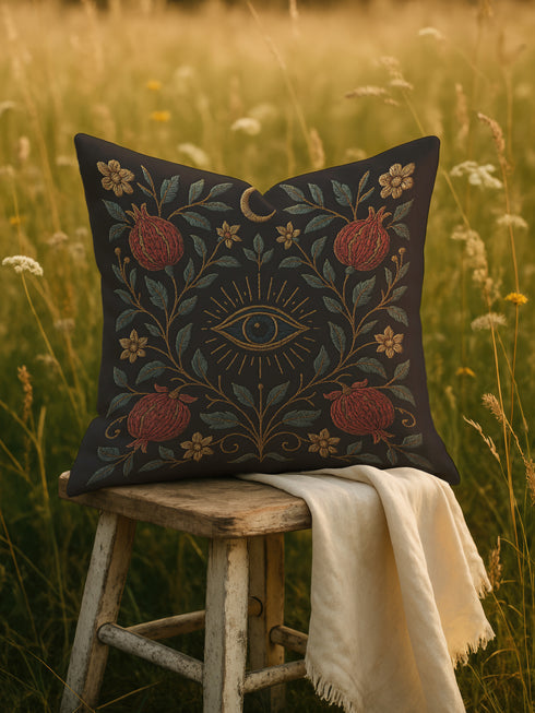 Square pillowcase featuring a mystical eye motif surrounded by embroidered-look gold rays, deep red pomegranates, and curling blue-green vines with floral accents on a black background. Made from premium polyester with a linen-texture feel, available in 18x18 and 22x22 inches, printed on both sides with hidden zipper. Perfect for dark academia and gothic home decor.
